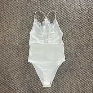 Dainty White Babydoll Lace Lined Plunge Sweetheart Neckline Body Suit
